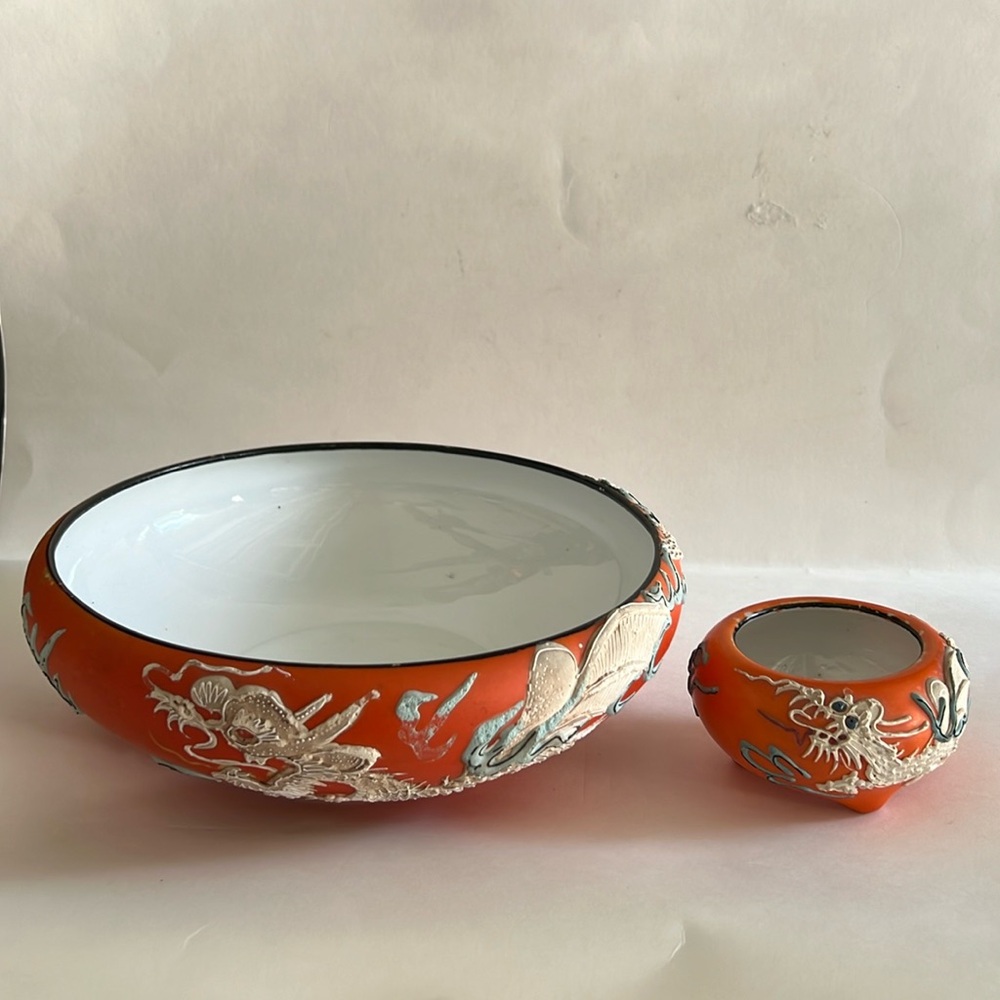 VTG vintage orange white moriage dragon ceramic bowl made in Japan set of 2